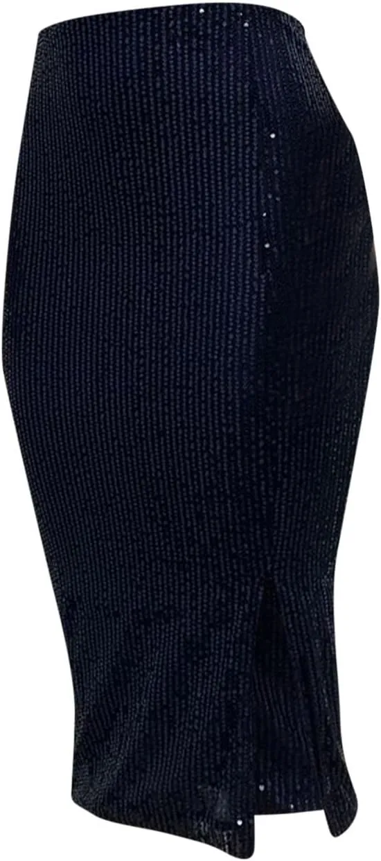 Women's Sequin Skirt Midi High Waist Elegant Stretchy Sparkle Side Slit Pencil Skirt Party Cocktail Bodycon Skirts