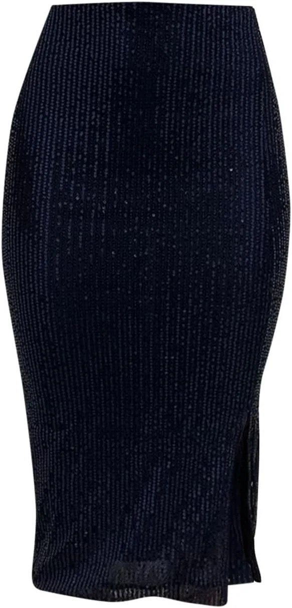 Women's Sequin Skirt Midi High Waist Elegant Stretchy Sparkle Side Slit Pencil Skirt Party Cocktail Bodycon Skirts