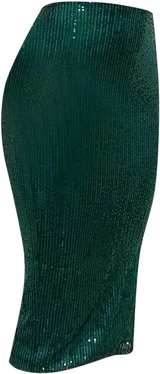 Women's Sequin Skirt Midi High Waist Elegant Stretchy Sparkle Side Slit Pencil Skirt Party Cocktail Bodycon Skirts