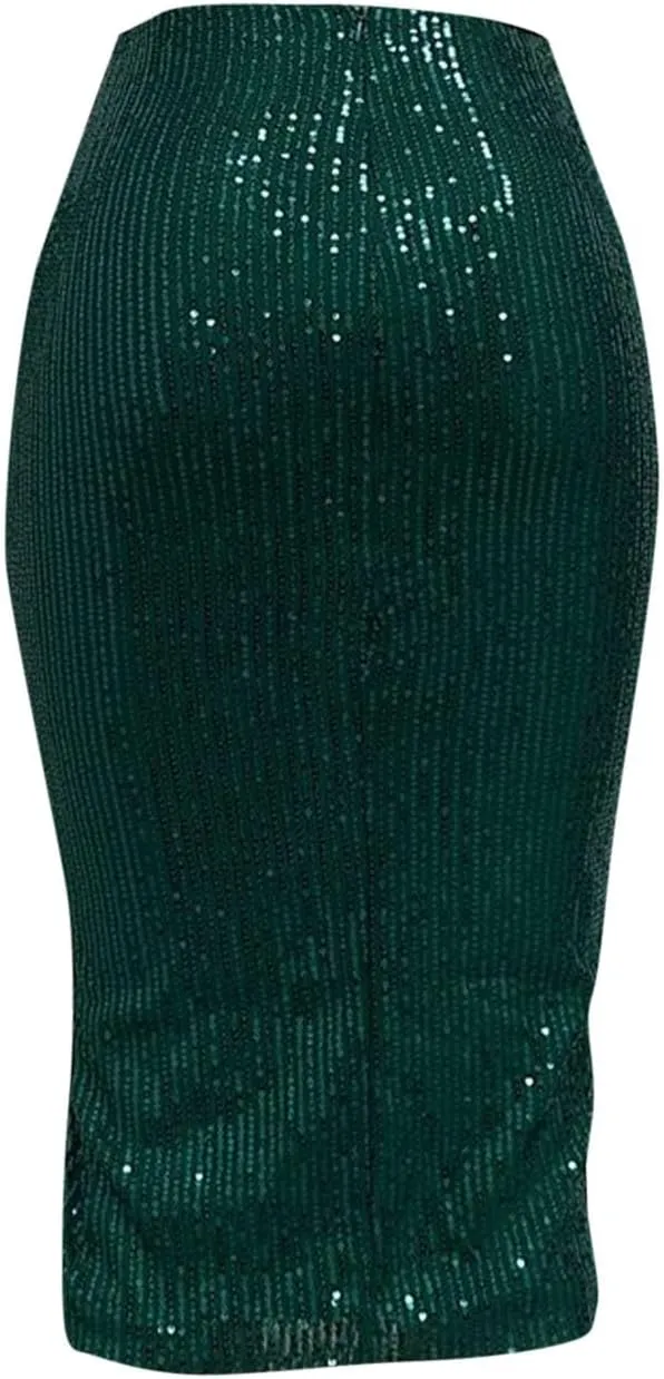 Women's Sequin Skirt Midi High Waist Elegant Stretchy Sparkle Side Slit Pencil Skirt Party Cocktail Bodycon Skirts