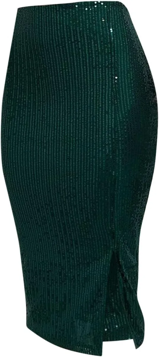 Women's Sequin Skirt Midi High Waist Elegant Stretchy Sparkle Side Slit Pencil Skirt Party Cocktail Bodycon Skirts