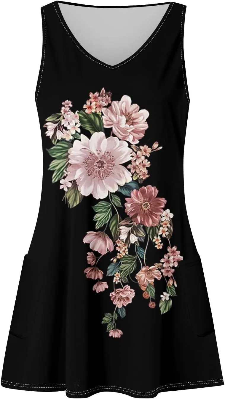 Women's Sleeveless Boho Floral Print V-Neck Summer Beach Dress with Pockets