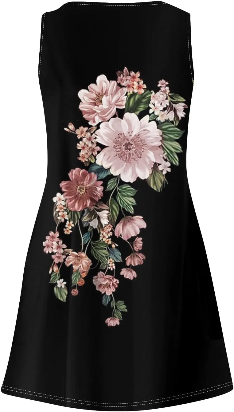 Women's Sleeveless Boho Floral Print V-Neck Summer Beach Dress with Pockets