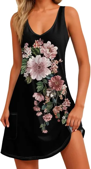 Women's Sleeveless Boho Floral Print V-Neck Summer Beach Dress with Pockets