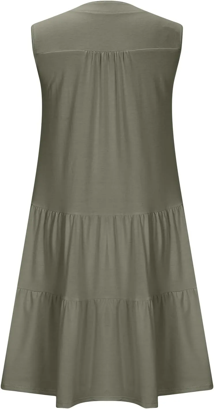 Womens Sleeveless Tiered Ruffle Dress Summer Comfy V Neck Tank Mini Dresses Flowy A-Line Beach Sundress with Pockets