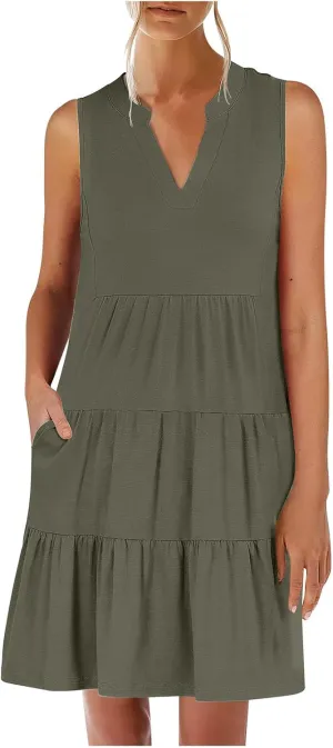 Womens Sleeveless Tiered Ruffle Dress Summer Comfy V Neck Tank Mini Dresses Flowy A-Line Beach Sundress with Pockets