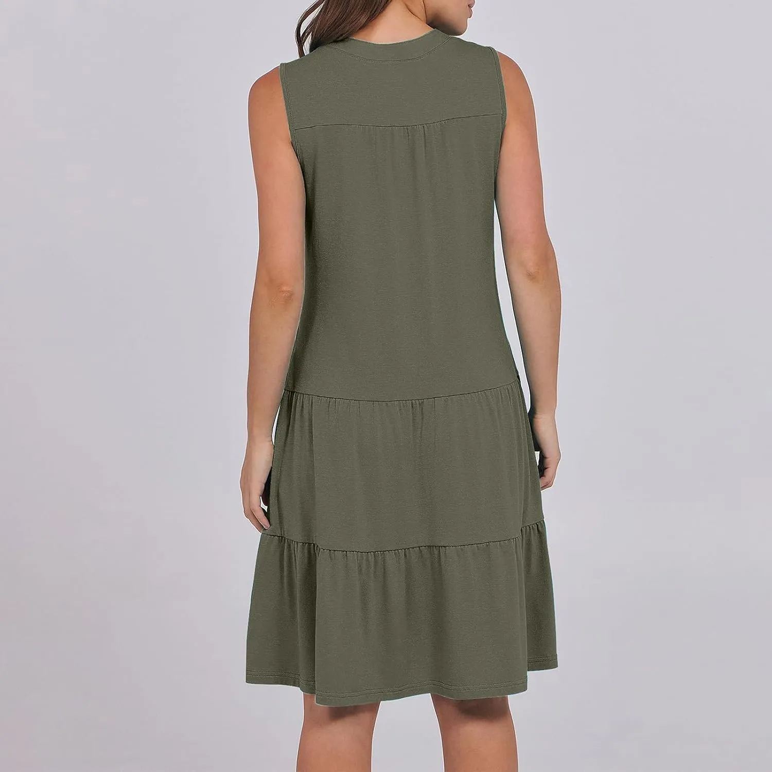Womens Sleeveless Tiered Ruffle Dress Summer Comfy V Neck Tank Mini Dresses Flowy A-Line Beach Sundress with Pockets