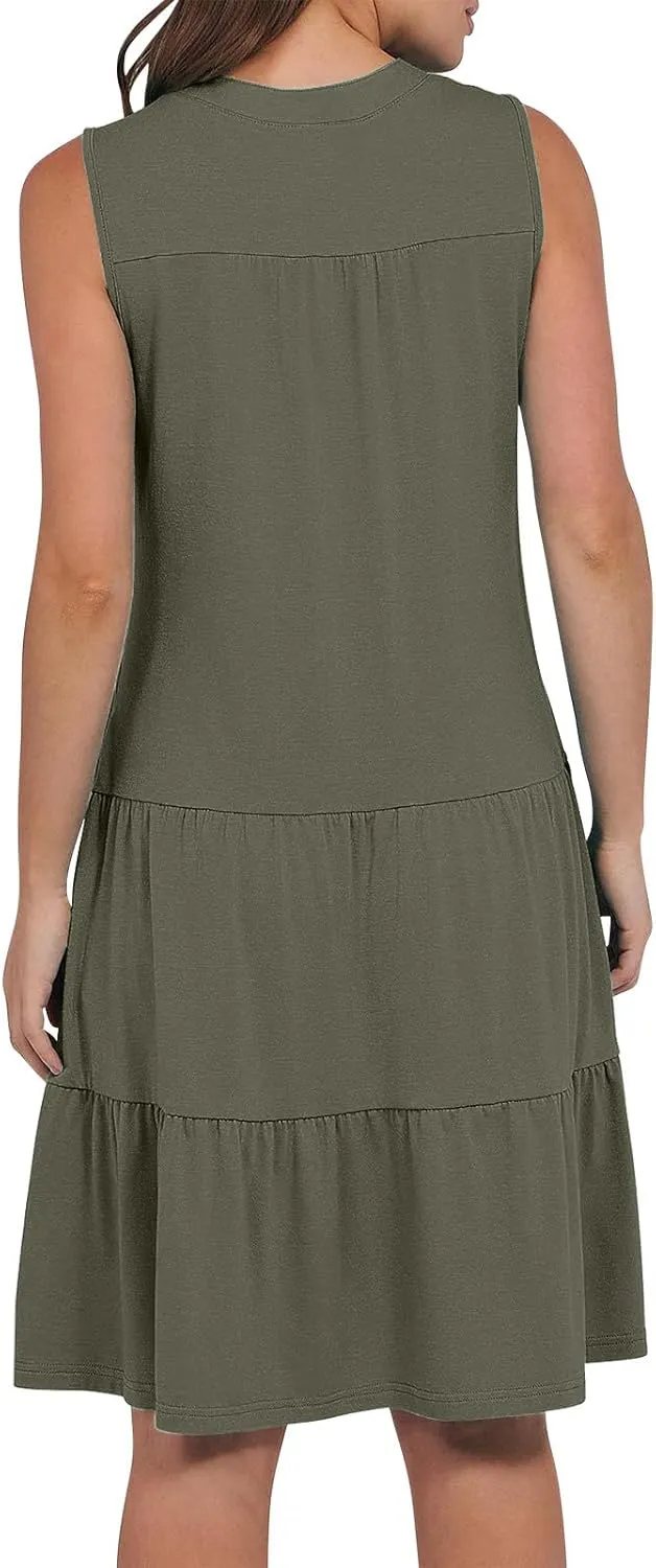 Womens Sleeveless Tiered Ruffle Dress Summer Comfy V Neck Tank Mini Dresses Flowy A-Line Beach Sundress with Pockets