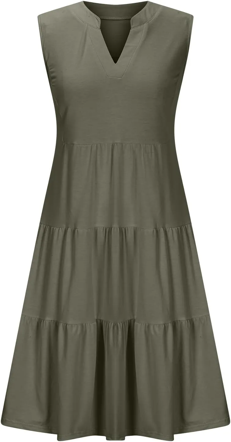 Womens Sleeveless Tiered Ruffle Dress Summer Comfy V Neck Tank Mini Dresses Flowy A-Line Beach Sundress with Pockets
