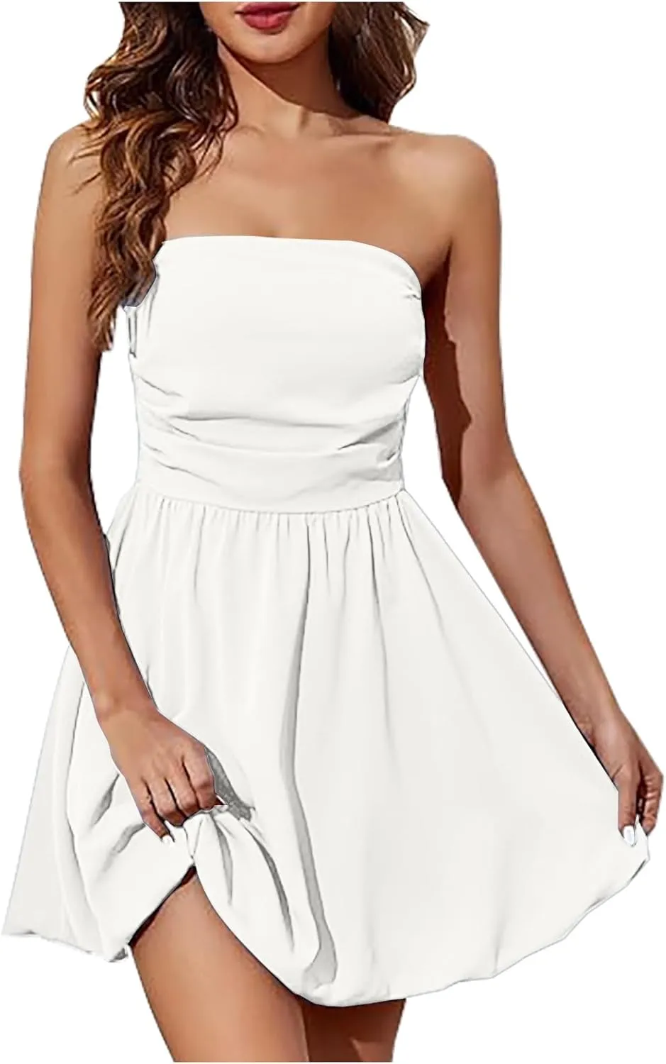 Women's Strapless Tube Top Mini Dress Ruched A Line Flare Ruffle Trendy Y2k Bubble Wedding Club Party Short Dresses