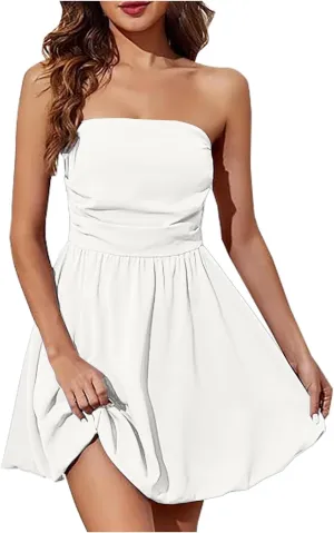 Women's Strapless Tube Top Mini Dress Ruched A Line Flare Ruffle Trendy Y2k Bubble Wedding Club Party Short Dresses