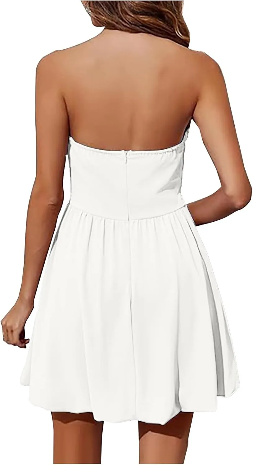 Women's Strapless Tube Top Mini Dress Ruched A Line Flare Ruffle Trendy Y2k Bubble Wedding Club Party Short Dresses