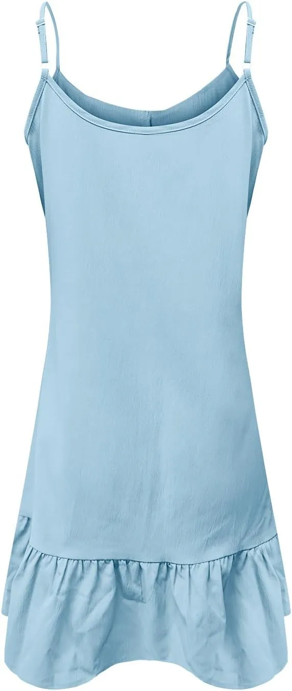 Women's Summer Beach Mini Dress V Neck Sleeveless Ruffle Trim Sundresses Solid Color Casual Loose Flowy Dresses