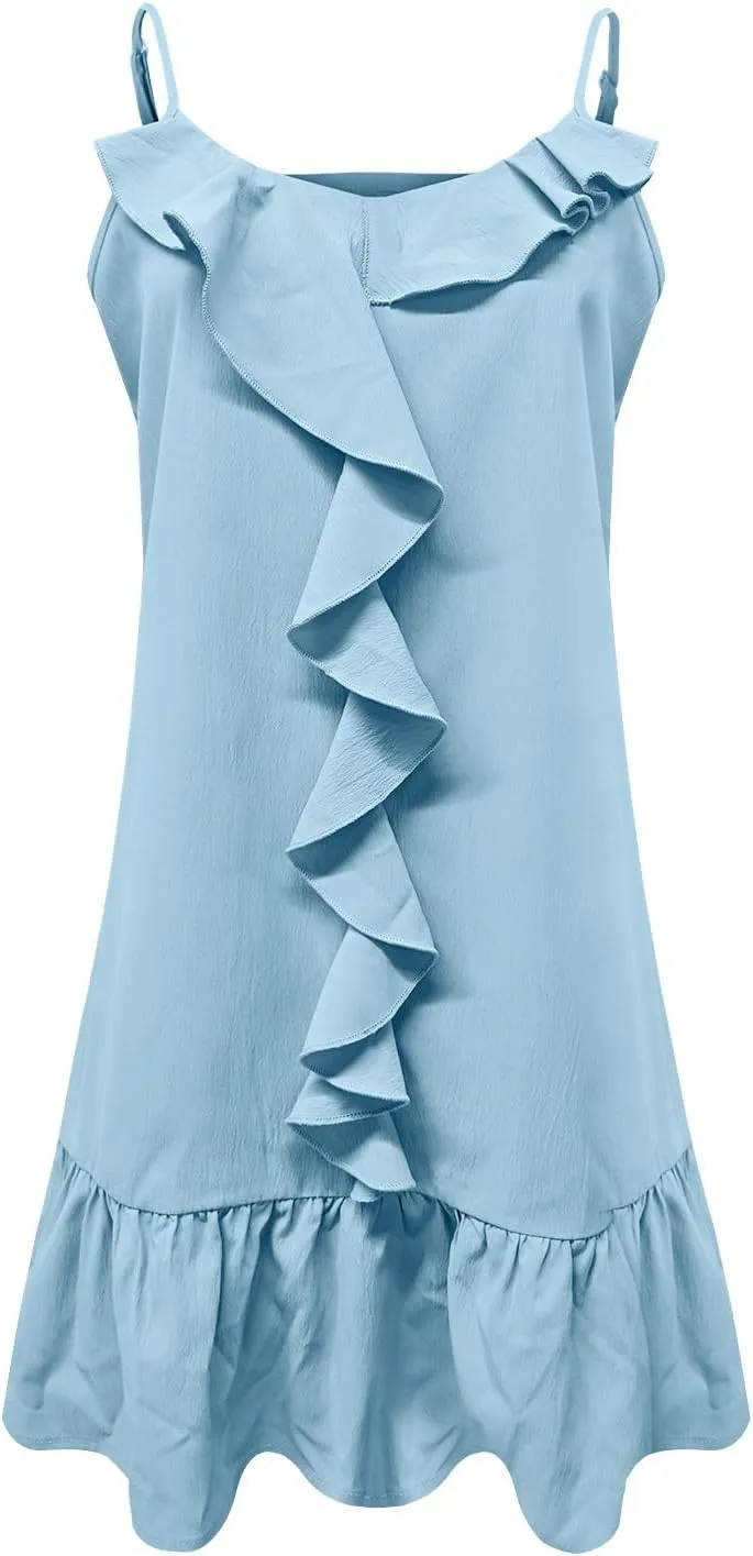 Women's Summer Beach Mini Dress V Neck Sleeveless Ruffle Trim Sundresses Solid Color Casual Loose Flowy Dresses