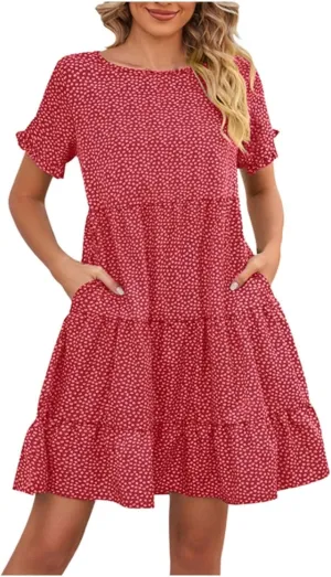 Women's Summer Casual Boho Dress Floral Print Ruffle Puff Short Sleeve Flowy Midi Beach Party Dresses Tiered Cocktail Dress