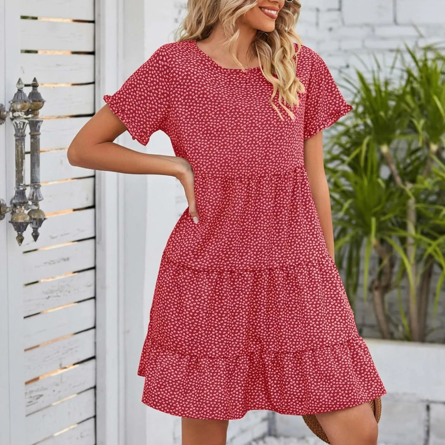 Women's Summer Casual Boho Dress Floral Print Ruffle Puff Short Sleeve Flowy Midi Beach Party Dresses Tiered Cocktail Dress