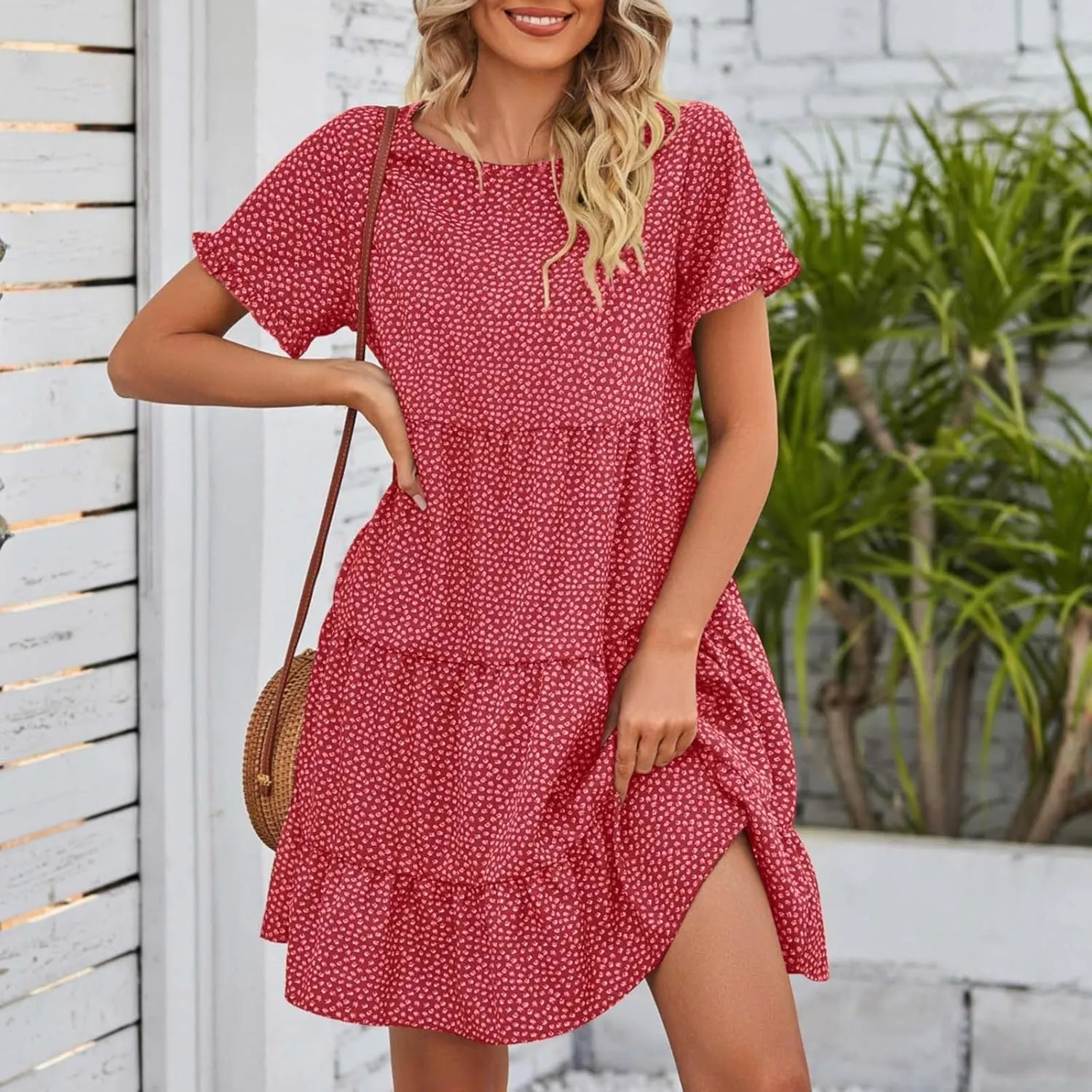 Women's Summer Casual Boho Dress Floral Print Ruffle Puff Short Sleeve Flowy Midi Beach Party Dresses Tiered Cocktail Dress