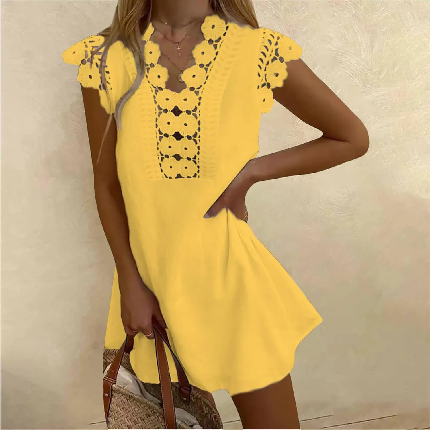 Womens Summer Dress Crochet Lace Sleeveless Ruffle Sleeve V Neck Mini Dress Casual Loose Tank Dresses Flowy Sundress