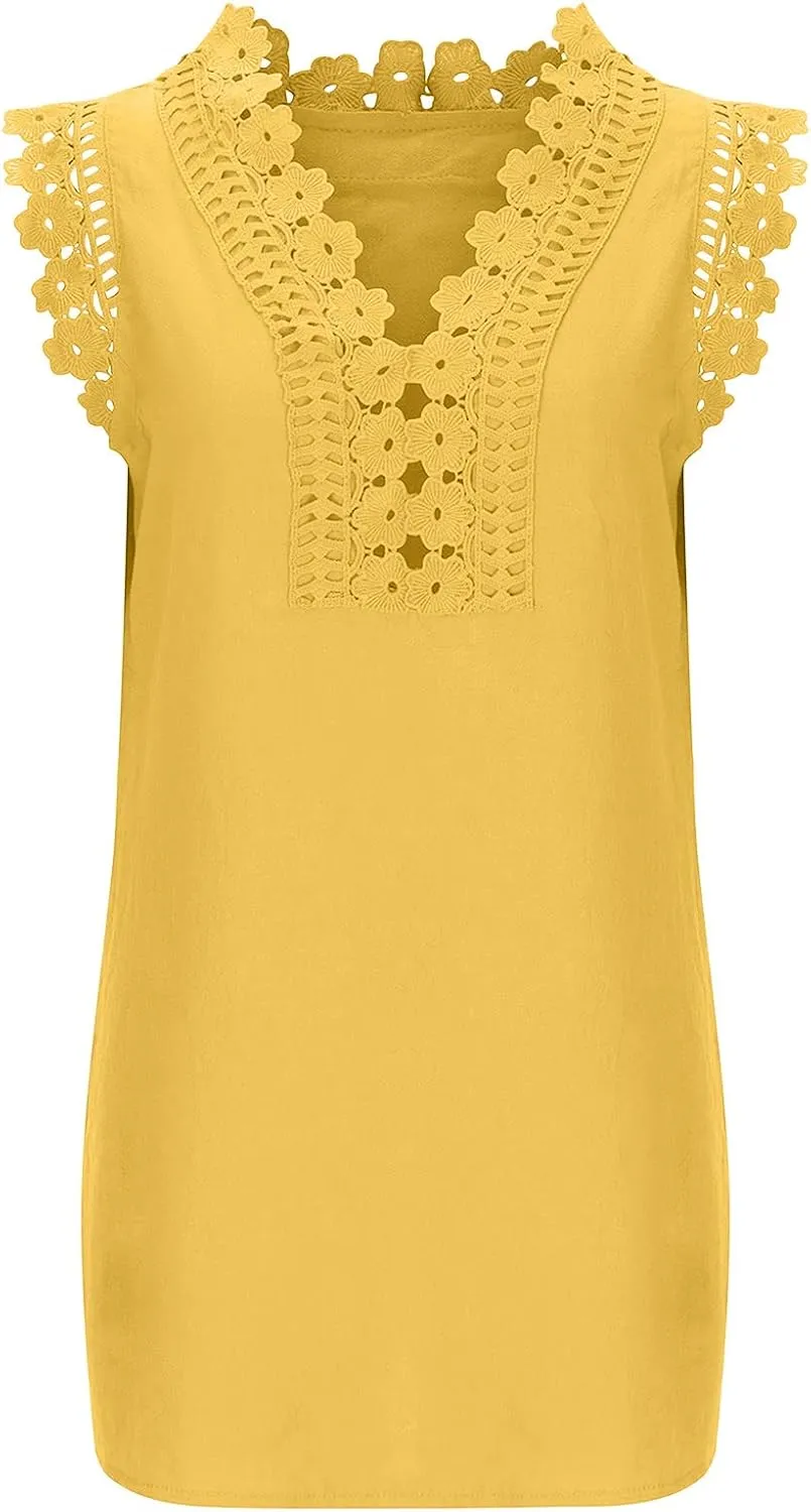 Womens Summer Dress Crochet Lace Sleeveless Ruffle Sleeve V Neck Mini Dress Casual Loose Tank Dresses Flowy Sundress