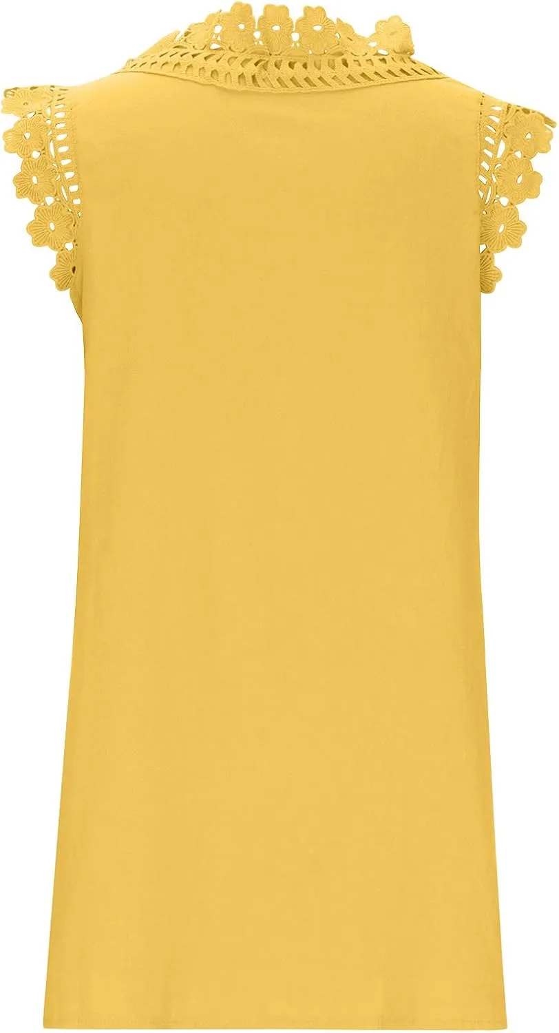 Womens Summer Dress Crochet Lace Sleeveless Ruffle Sleeve V Neck Mini Dress Casual Loose Tank Dresses Flowy Sundress