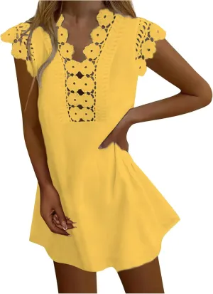 Womens Summer Dress Crochet Lace Sleeveless Ruffle Sleeve V Neck Mini Dress Casual Loose Tank Dresses Flowy Sundress