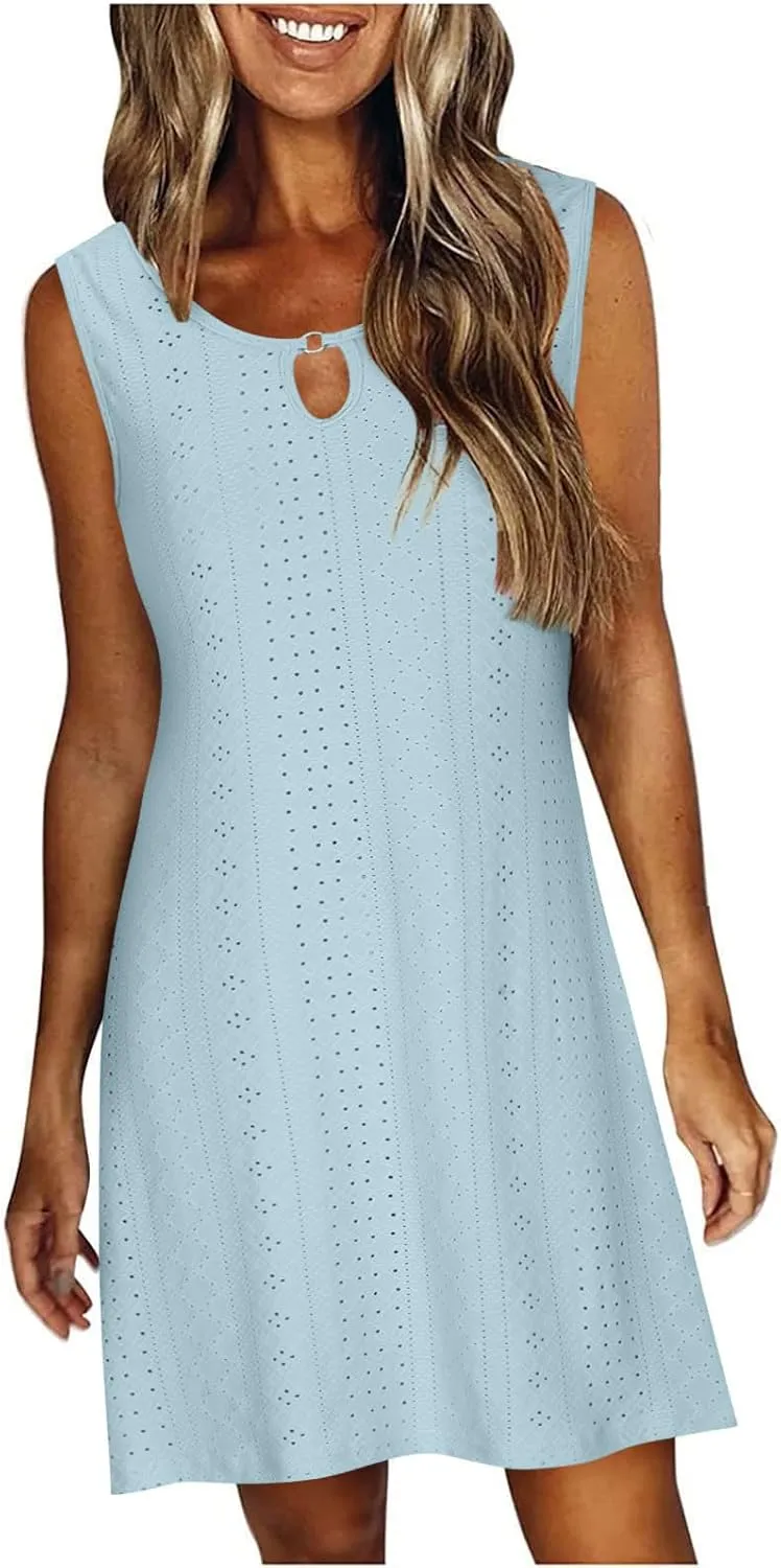 Womens Summer Dresses 2025 Eyelet Sleeveless Tank Dress Scoop Neck A Line Swing Dress Flowy Beach Sundress