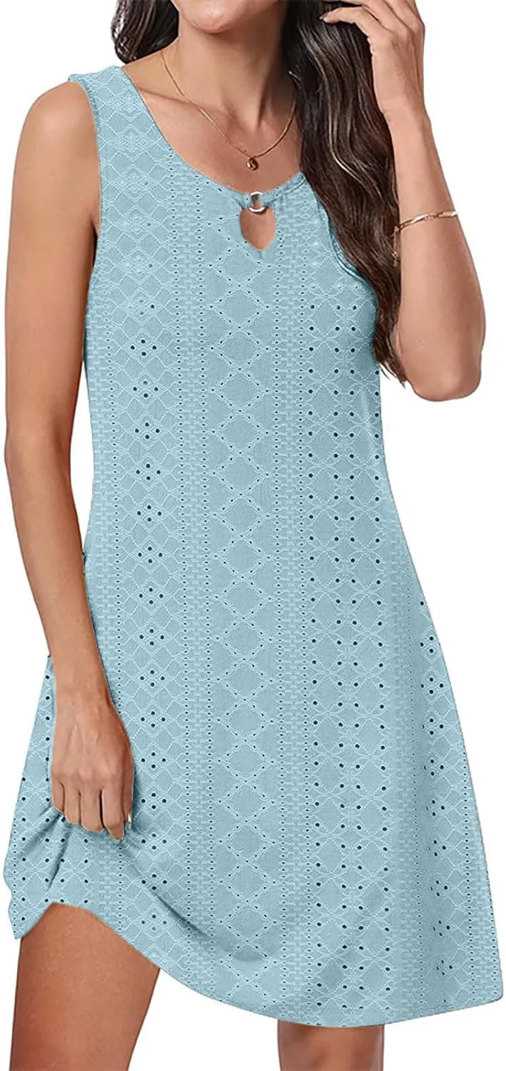 Womens Summer Dresses 2025 Eyelet Sleeveless Tank Dress Scoop Neck A Line Swing Dress Flowy Beach Sundress
