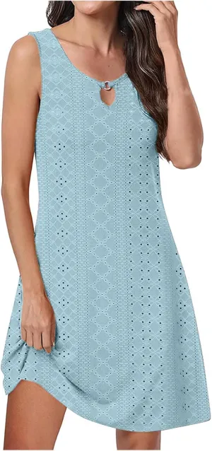 Womens Summer Dresses 2025 Eyelet Sleeveless Tank Dress Scoop Neck A Line Swing Dress Flowy Beach Sundress