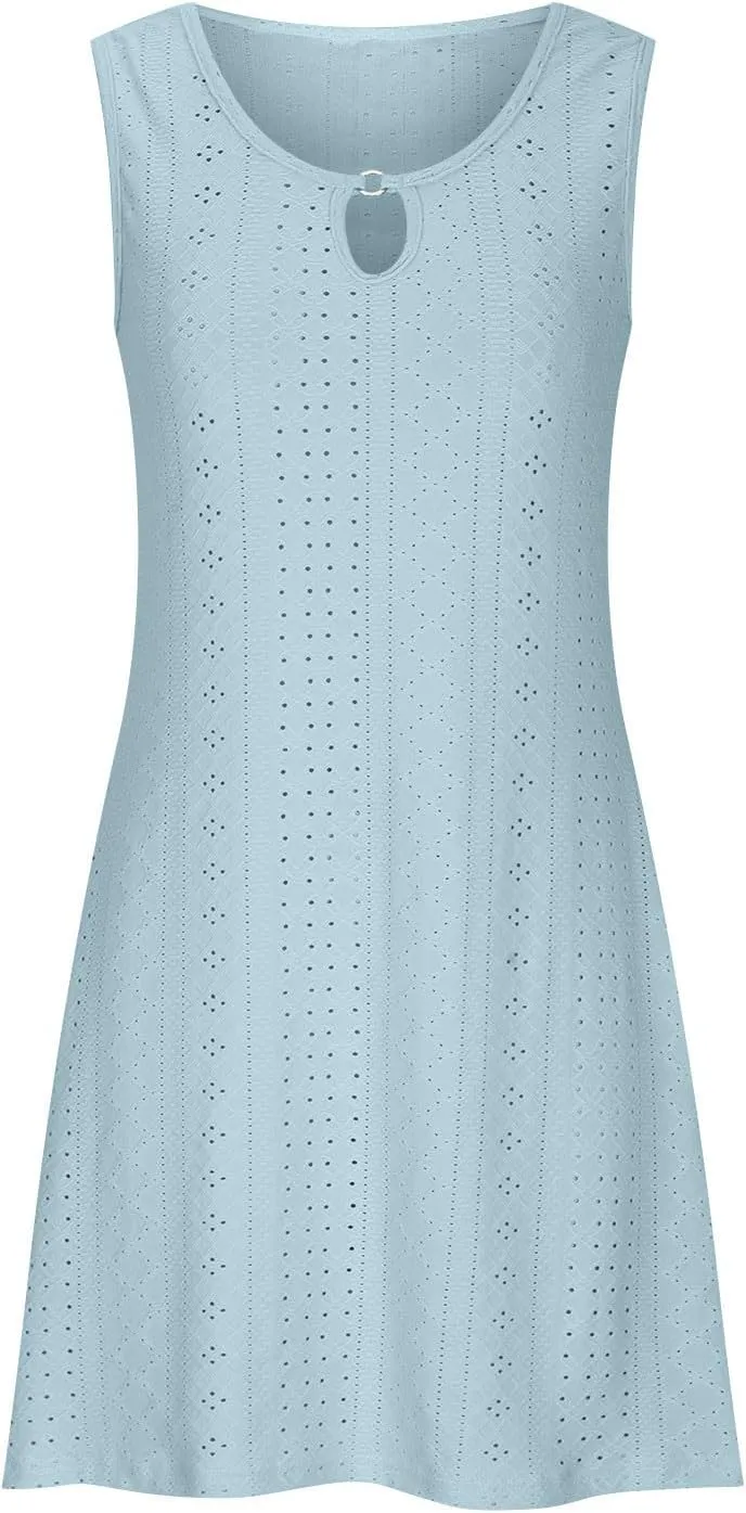 Womens Summer Dresses 2025 Eyelet Sleeveless Tank Dress Scoop Neck A Line Swing Dress Flowy Beach Sundress