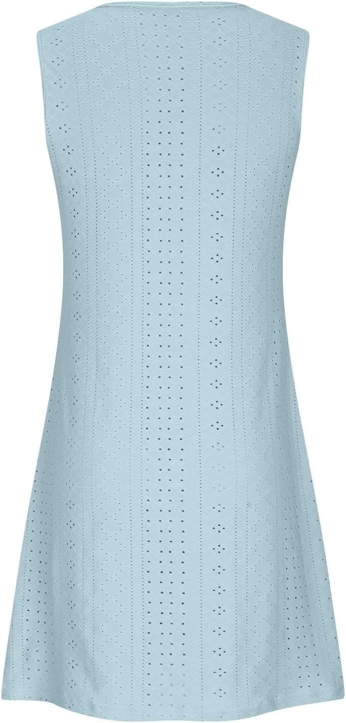 Womens Summer Dresses 2025 Eyelet Sleeveless Tank Dress Scoop Neck A Line Swing Dress Flowy Beach Sundress