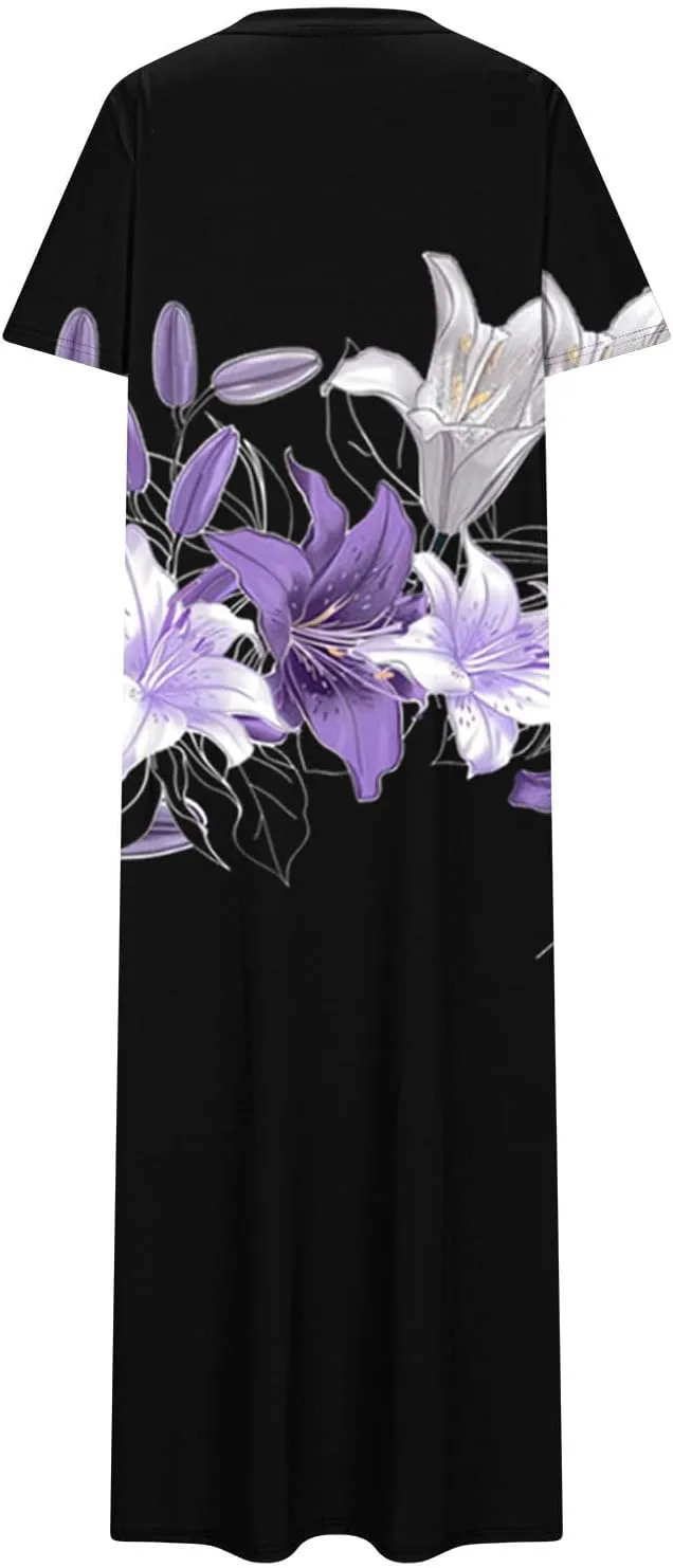 Womens Summer Dresses Casual Boho Floral Print Short Sleeve Midi Sundress Loose Fit Fashion Dress with Pockets