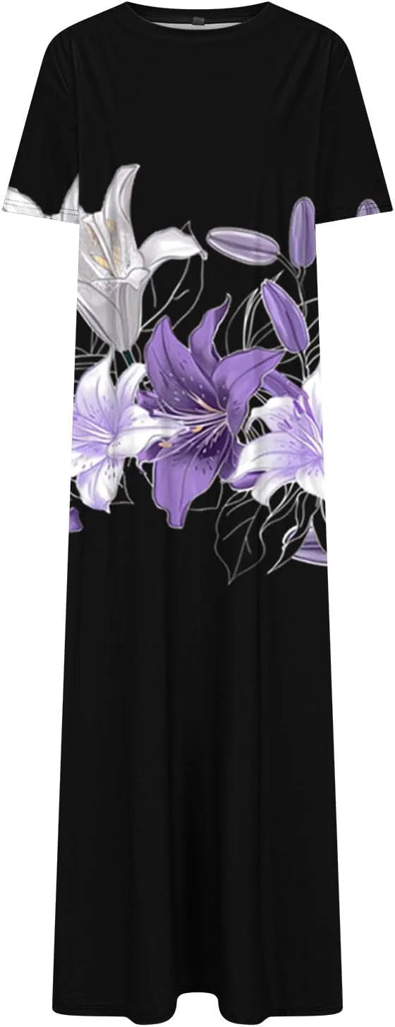 Womens Summer Dresses Casual Boho Floral Print Short Sleeve Midi Sundress Loose Fit Fashion Dress with Pockets