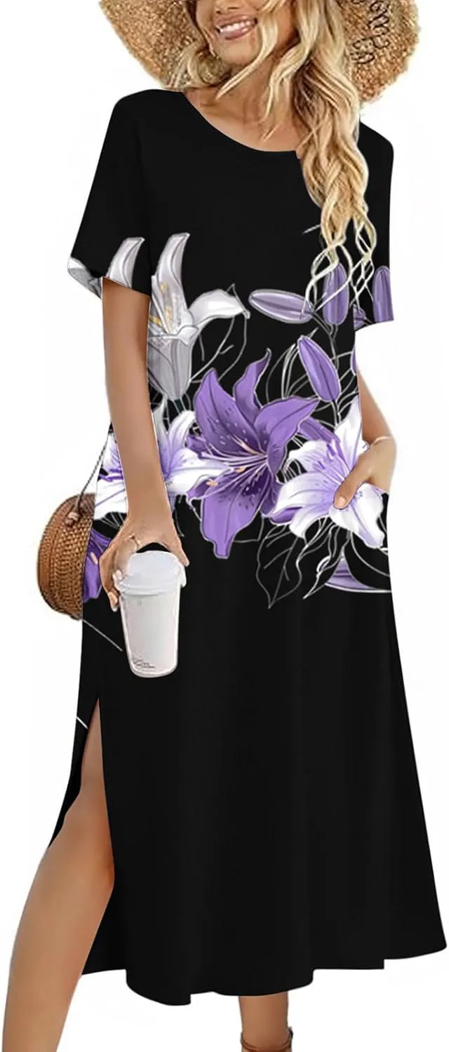 Womens Summer Dresses Casual Boho Floral Print Short Sleeve Midi Sundress Loose Fit Fashion Dress with Pockets