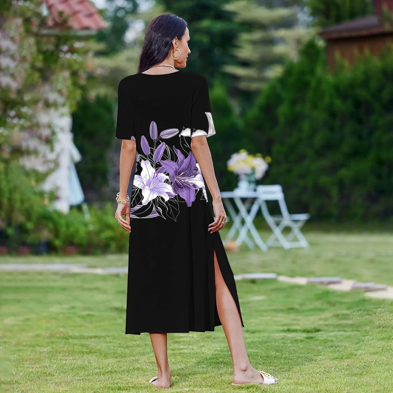 Womens Summer Dresses Casual Boho Floral Print Short Sleeve Midi Sundress Loose Fit Fashion Dress with Pockets