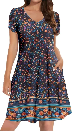 Womens Summer Dresses Casual Floral Sun Dresses Mini a-line Dress Flowy Beach Swing Dress Vacation with Pockets