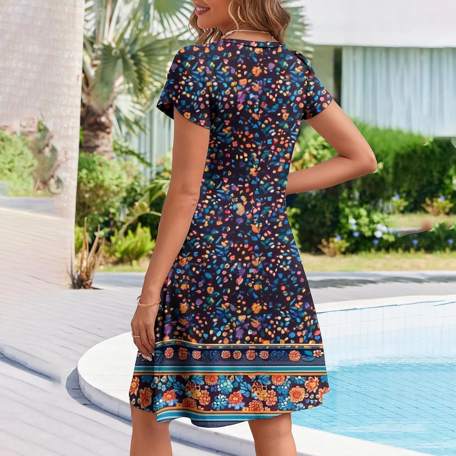 Womens Summer Dresses Casual Floral Sun Dresses Mini a-line Dress Flowy Beach Swing Dress Vacation with Pockets