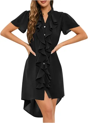 Women's Summer Dresses V Neck Midi Dresses Short Sleeve Ruffle Flowy Boho Beach Dresses 2025 Casual Mini Dress