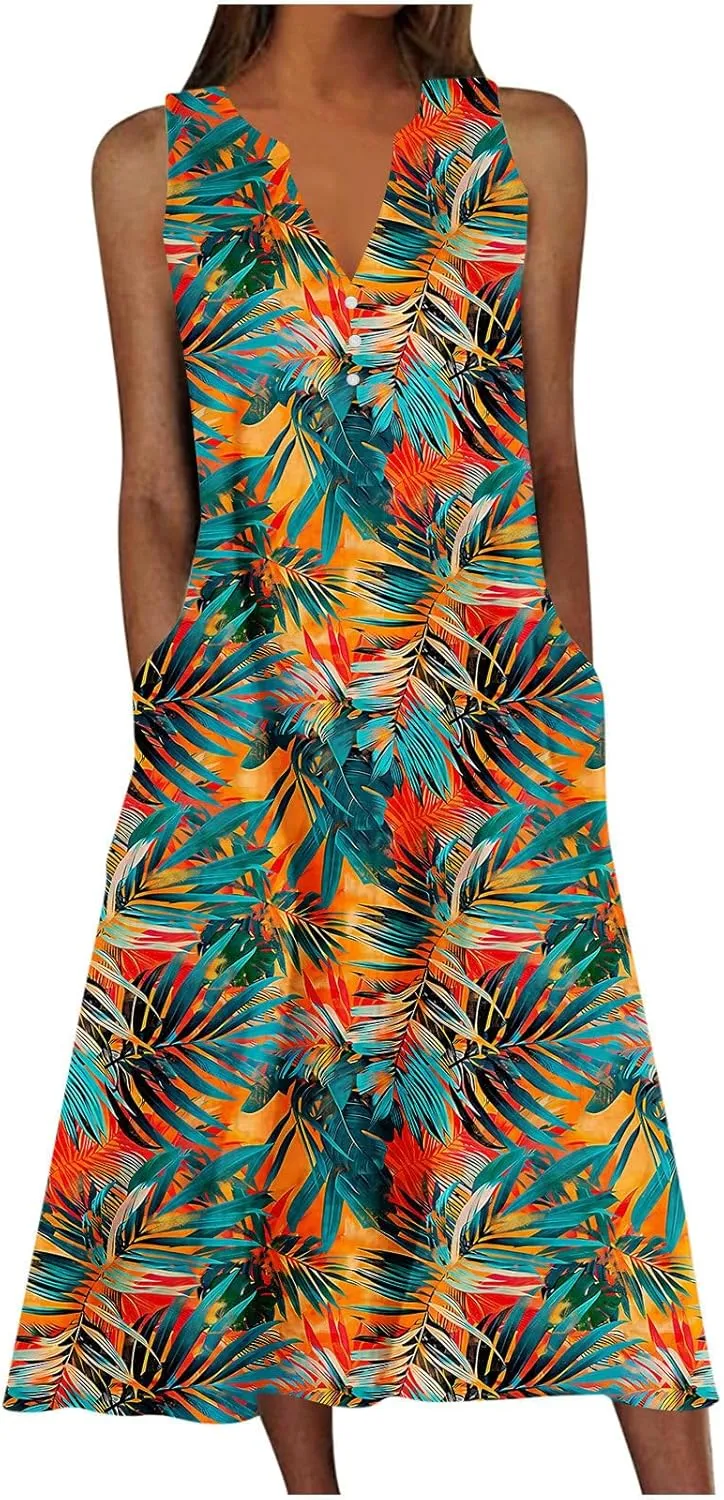 Women's Summer Floral Casual Dress Plus Size Midi Sundress Sleeveless Henley V-Neck Long Tank Dresses with Pockets