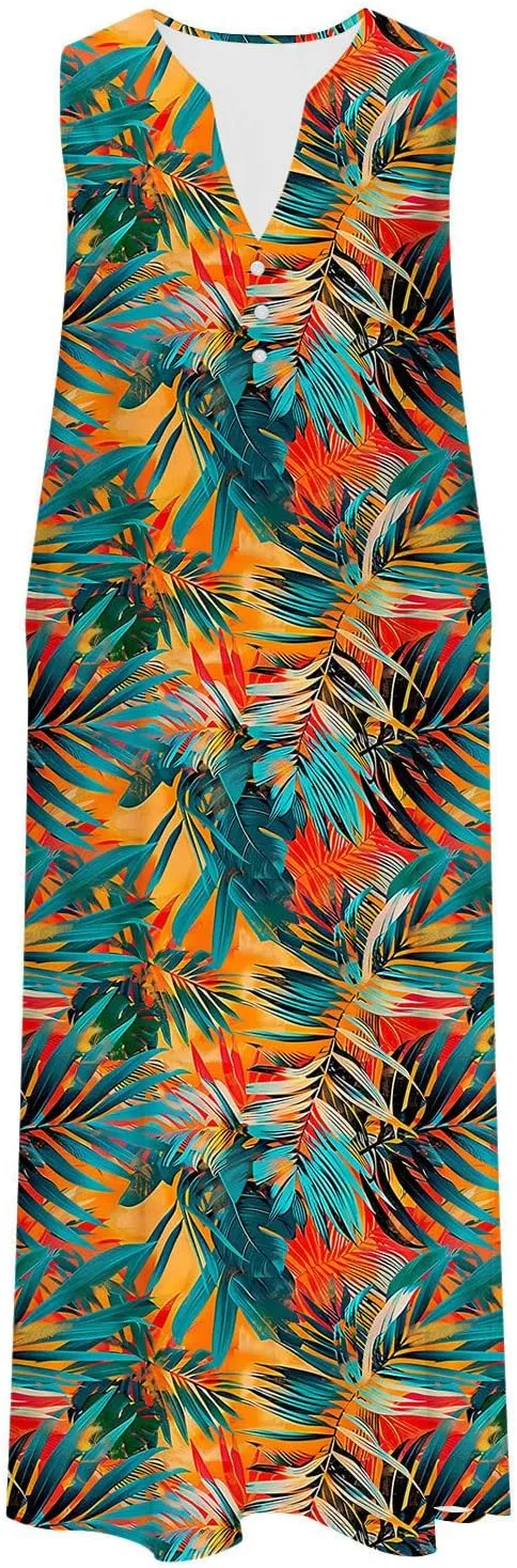 Women's Summer Floral Casual Dress Plus Size Midi Sundress Sleeveless Henley V-Neck Long Tank Dresses with Pockets
