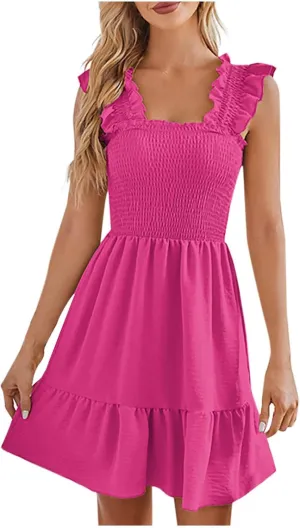 Women's Summer Mini Dresses Square Neck Smocked Boho Dress Ruffle Sleeveless Flowy Cute Casual A-Line Beach Sundress