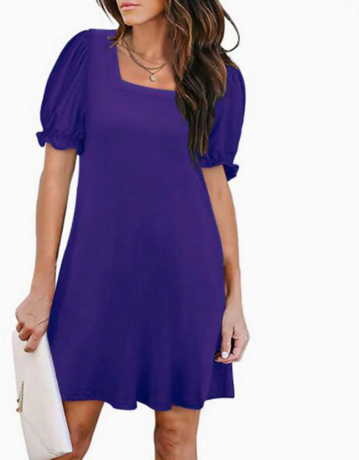 Womens Summer Puff Sleeve Mini Dress Square Neck Ruffle Short Sleeve Dresses Solid A Line Casual Swing Midi Dress