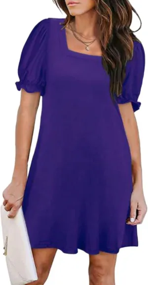 Womens Summer Puff Sleeve Mini Dress Square Neck Ruffle Short Sleeve Dresses Solid A Line Casual Swing Midi Dress