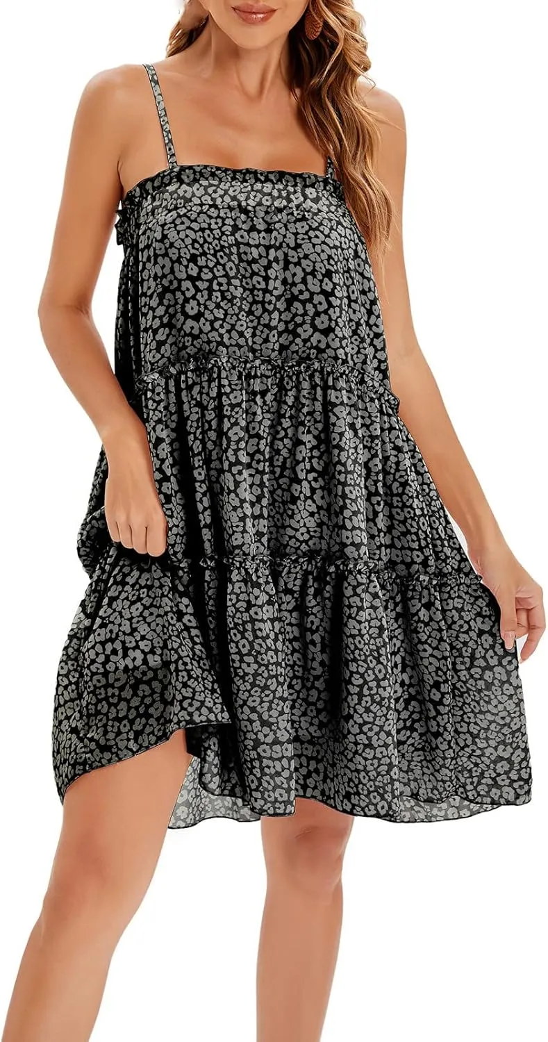 Women's Summer Spaghetti Strap Ruffle Hem Sleeveless Cami Dress Casual Tiered Flowy Mini Dresses Loose Beach Sundress