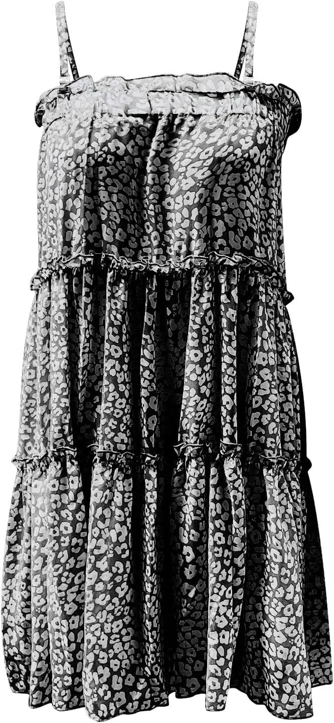 Women's Summer Spaghetti Strap Ruffle Hem Sleeveless Cami Dress Casual Tiered Flowy Mini Dresses Loose Beach Sundress