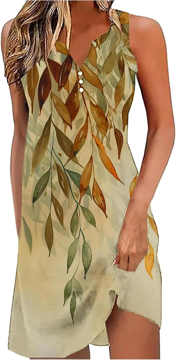 Womens Summer Tank Dress 2025 Casual Button Down V Neck Sleeveless Beach Boho Dresses A-Line Flowy Sundress