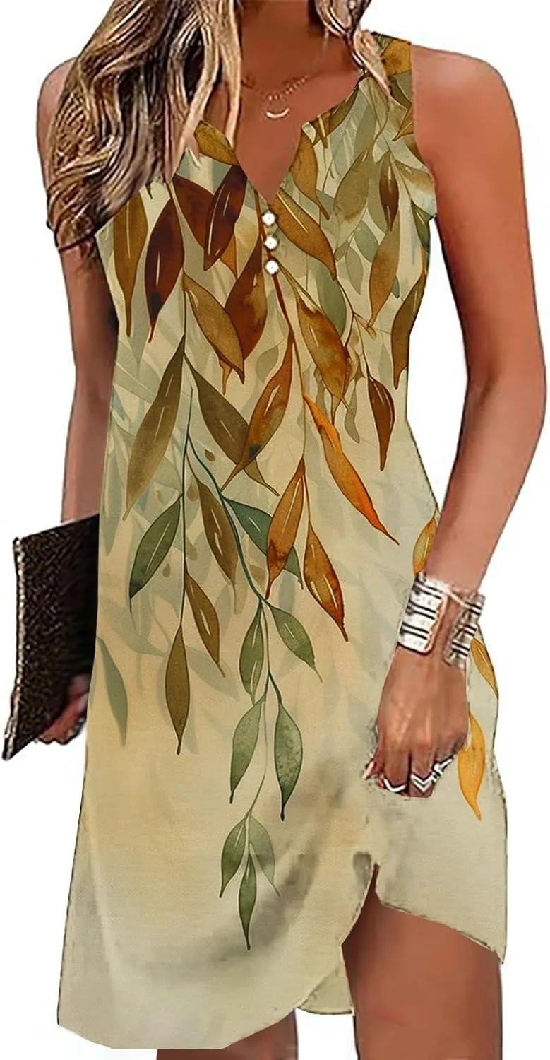 Womens Summer Tank Dress 2025 Casual Button Down V Neck Sleeveless Beach Boho Dresses A-Line Flowy Sundress