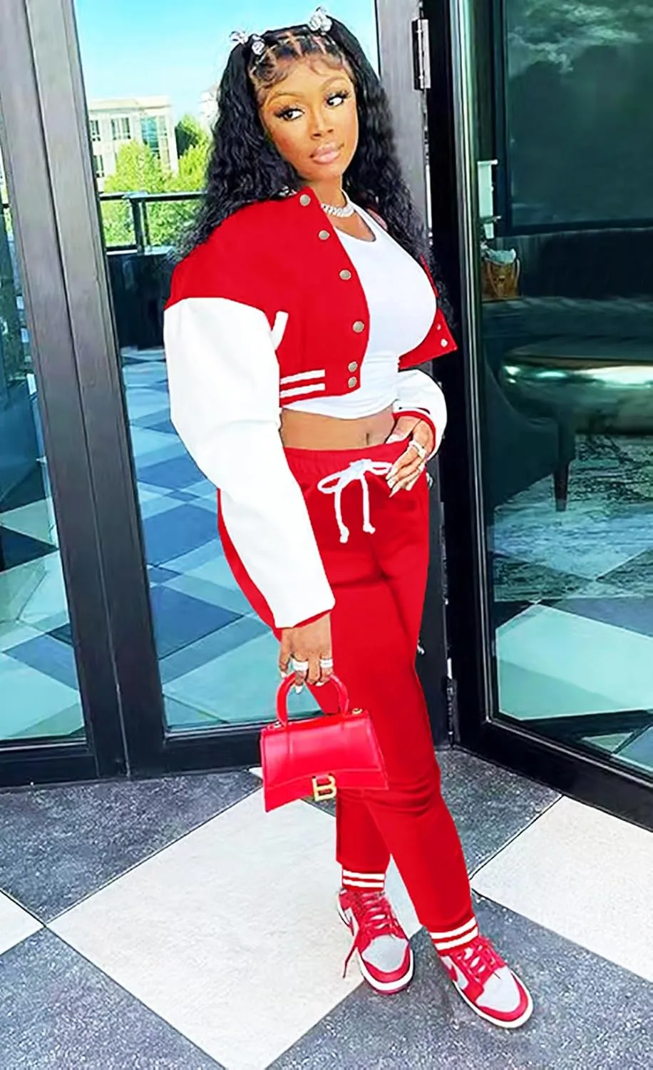 Womens Two Piece Tracksuit Button Down Cropped Varsity Jacket Pants Set Jogger Sweatsuit