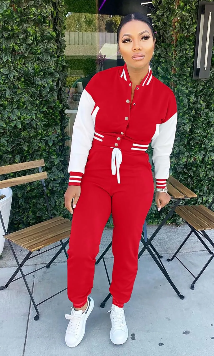 Womens Two Piece Tracksuit Button Down Cropped Varsity Jacket Pants Set Jogger Sweatsuit