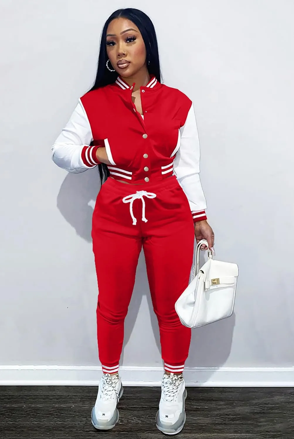 Womens Two Piece Tracksuit Button Down Cropped Varsity Jacket Pants Set Jogger Sweatsuit