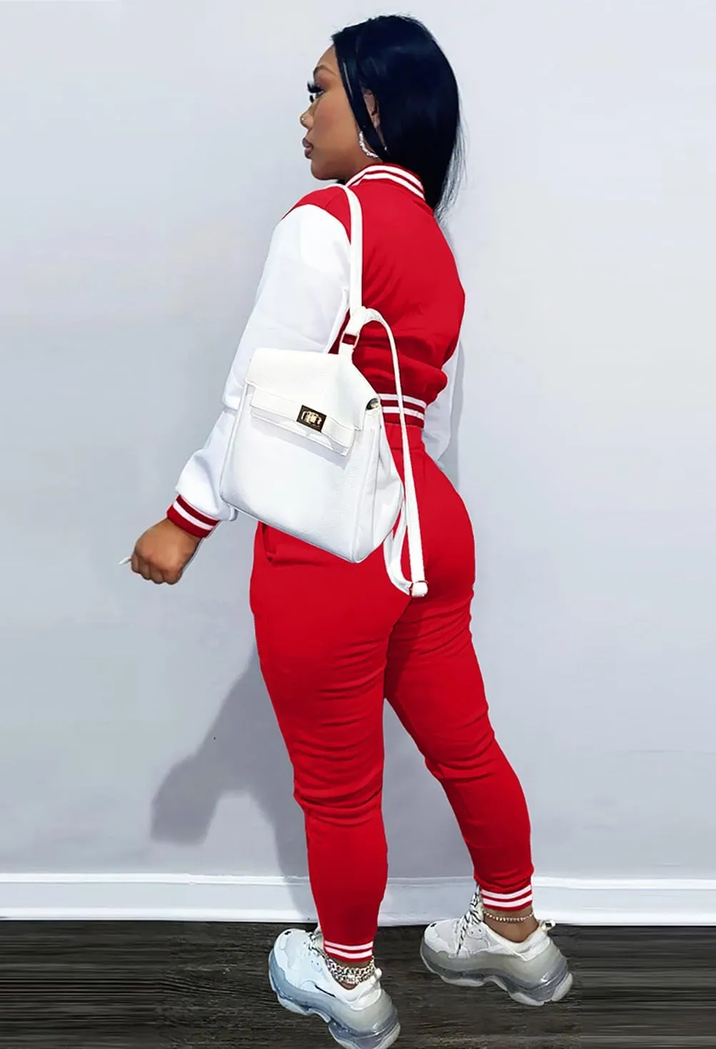 Womens Two Piece Tracksuit Button Down Cropped Varsity Jacket Pants Set Jogger Sweatsuit
